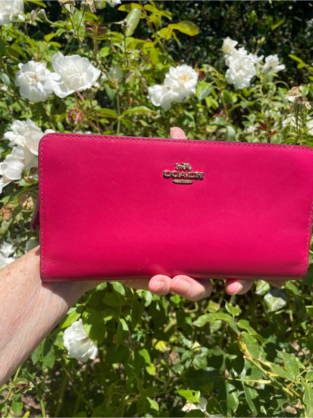 COACH Bright Pink/Fuchsia Leather Large Bifold Wallet With Gold Hardware